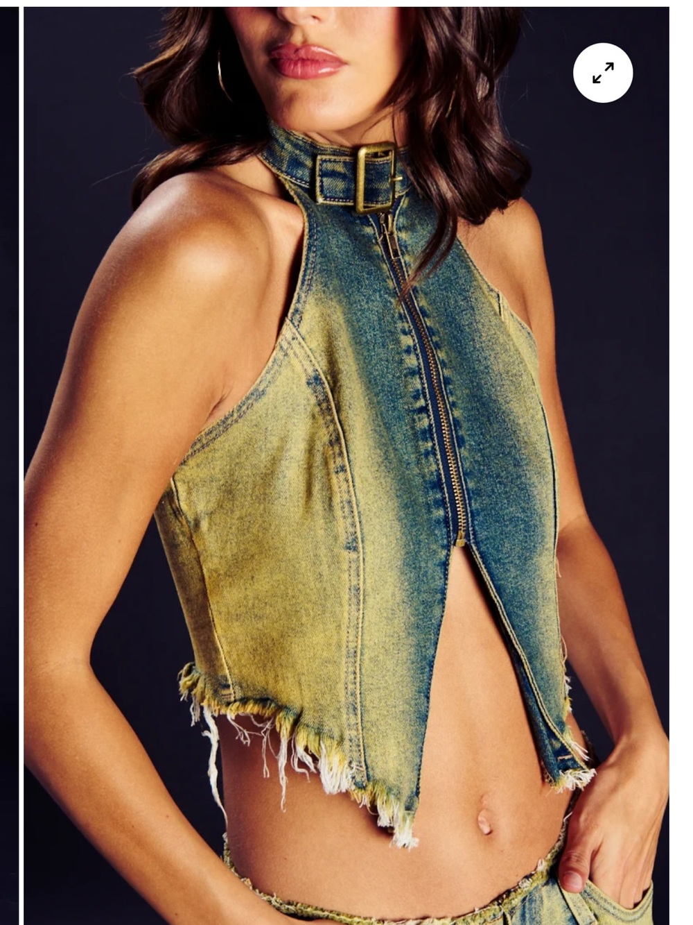 Akira Denim Zip Front acid yellow WASHED OUT BUCKLE HALTER CROP TOP